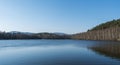 Blue calm water of forest lake, fish pond Kunraticky rybnik with birch and spruce trees growing along the shore and Royalty Free Stock Photo