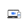 Blue camera icon. Conference video calls. Laptop and smartphone, mobile icon on isolated background. Eps 10 vector Royalty Free Stock Photo
