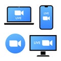 Blue camera icon - Live media streaming application on different devices - laptop, smartphone, tv, tablet, monitor Royalty Free Stock Photo
