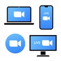 Blue camera icon - Live media streaming application on different devices - laptop, smartphone, tv, tablet, monitor Royalty Free Stock Photo