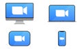 Blue camera icons. Live media streaming application on computer, laptop, tablet and smartphone Royalty Free Stock Photo