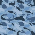 Blue camouflage silhouettes of fishes, protection seamless texture