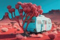 Blue camper car in the middle of the pink desert landscape