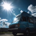 Blue camper van and sky with clouds and sun created using generative ai technology Royalty Free Stock Photo