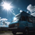 Blue camper van and sky with clouds and sun created using generative ai technology