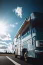 Blue camper van and sky with clouds and sun created using generative ai technology