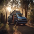 Blue camper van with trees in the background in forest created using generative ai technology