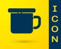 Blue Camping metal mug icon isolated on yellow background. Vector Illustration Royalty Free Stock Photo