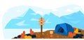 Blue camping tent by mountain range, wooden signpost, campfire, outdoor adventure scene. Nature exploration, hiking, and