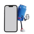 blue can of soft drink cartoon character appears from behind a big phone and holding phone