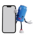 blue can of soft drink cartoon character appears from behind a big phone with open hand