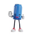 blue can of soft drink cartoon character give thumbs up and showing smartphone screen