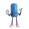 blue can of soft drink cartoon character holding smartphone and showing ok finger