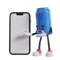 blue can of soft drink cartoon character presenting big mobile phone with both hand