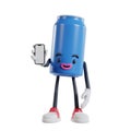 blue can of soft drink cartoon character showing phone screen