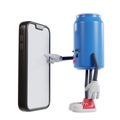 blue can of soft drink cartoon character touching phone screen with index finger