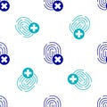 Blue Cancelled fingerprint icon isolated seamless pattern on white background. Access denied for user concept. Error