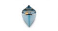 A blue canoe is positioned centrally on a white background, viewed from the front. It Royalty Free Stock Photo