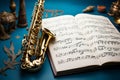 A blue canvas adorned with golden saxophones and a musical notebook.