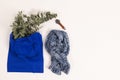 Blue canvas bag with green plant, watch, scarf and copy space on white background Royalty Free Stock Photo