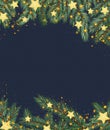 Blue canvas effect banner, illustration with Christmas tree garland, pine branches, stars, lights, holiday template, card, banner Royalty Free Stock Photo