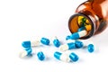 Blue capsules with bottle, healthcare and medicine Royalty Free Stock Photo