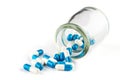 Blue capsules with Transparent bottle, healthcare and medicine Royalty Free Stock Photo