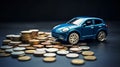 Blue car with coins, auto tax and financing, car insurance and car loans, concept of savings money on car purchase Royalty Free Stock Photo