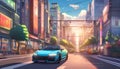 A blue car driving down a city street Royalty Free Stock Photo