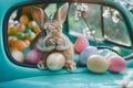 In a blue car, the Easter bunny transports a collection of vibrant colored eggs Royalty Free Stock Photo