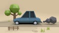 Blue car low poly cartoon style on country road with smoke soft brown background 3d rendering,fast driving concept Royalty Free Stock Photo