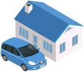 Blue car near private country house. Residential building, suburb or village design element