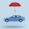 Blue car protected with red umbrella, automobile safety icon iso