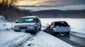 A blue car with significant front-end damage, stuck in a snowy ditch beside a forested road