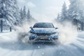 Blue car on snowy road, winter landscape, winter travel in snowfall Royalty Free Stock Photo