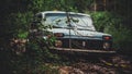 Blue car stuck in the woods in the mud nature of Russia