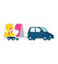 Blue car towing a trailer with vibrant geometric shapes. Roadside assistance and vehicle recovery concept. Automobile Royalty Free Stock Photo