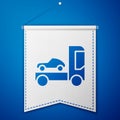 Blue Car transporter truck for transportation of car icon isolated on blue background. White pennant template. Vector