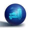 Blue Car transporter truck for transportation of car icon isolated on white background. Blue circle button. Vector Royalty Free Stock Photo