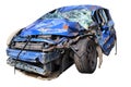 Blue car wreck that has suffered major damage.