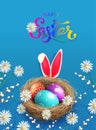 Blue card with Easter eggs in a nest of straw, white daisies and willow branches Royalty Free Stock Photo
