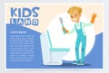 Blue card or poster with cute young boy in gloves cleaning toilet with brush. Kid doing a home cleanup, household chores Royalty Free Stock Photo