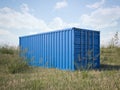 Blue cargo container in a field. 3d rendering Royalty Free Stock Photo