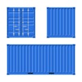 Blue Cargo Container for shipping and sea export isolated on white background. Front, back and side view. Logistics and