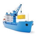 Blue cargo ship with crane lifting a yellow container Royalty Free Stock Photo