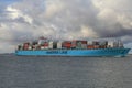 Blue cargo ship maersk navigates through the westerschelde