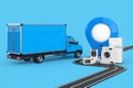 Blue Cargo Van Minibus with Blue Map Pointer Pin, Winding Asphalt Road and Home Appliances. 3d Rendering Royalty Free Stock Photo