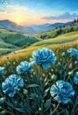 Blue Carnation flower meadow in hilly landscape ai generated Royalty Free Stock Photo