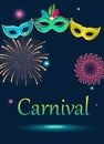 Blue carnival background with masks and fireworks.