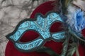 Blue carnival mask with feathers on velvet heart Royalty Free Stock Photo